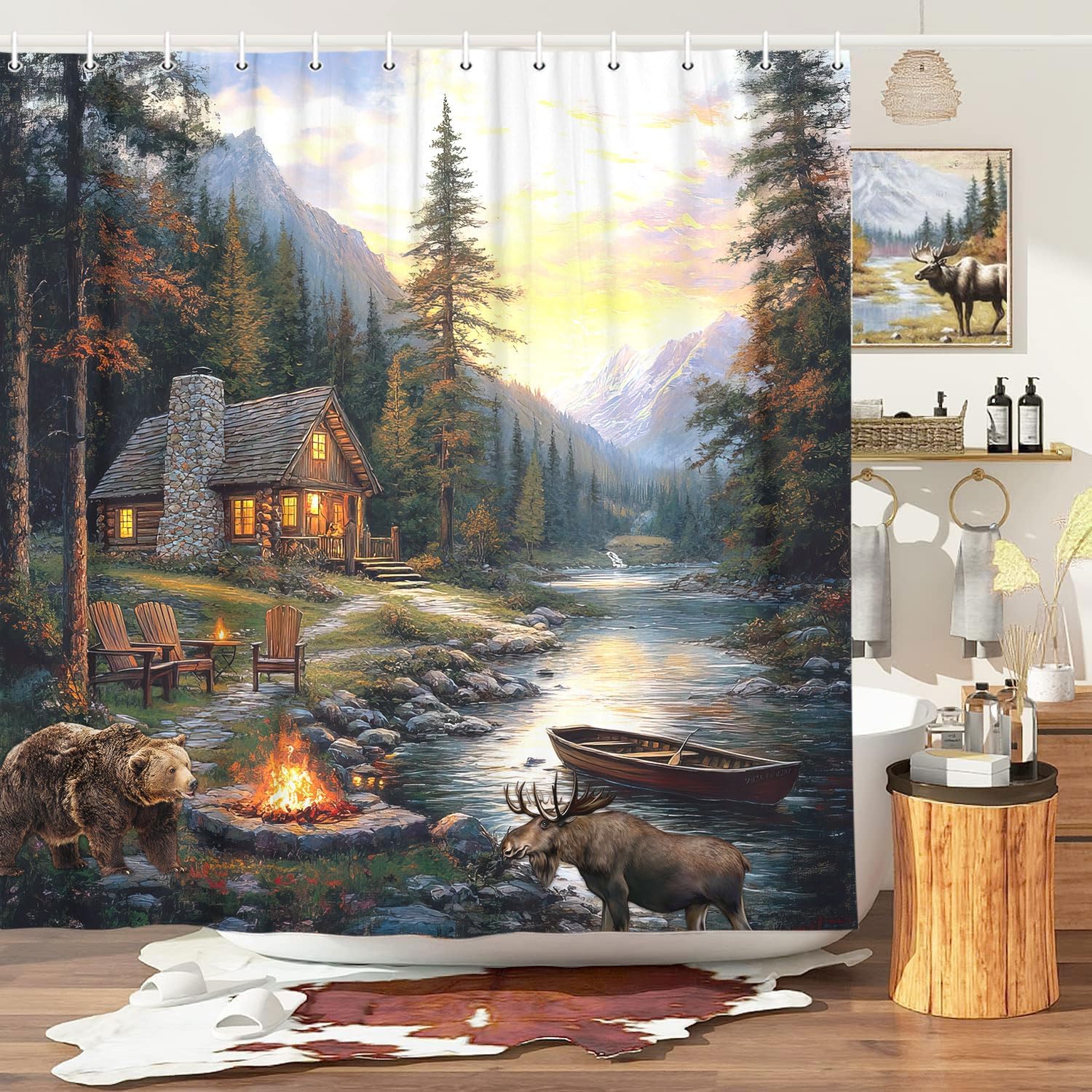Hunting And Camping In Forest - Rideau de douche rustique avec ours