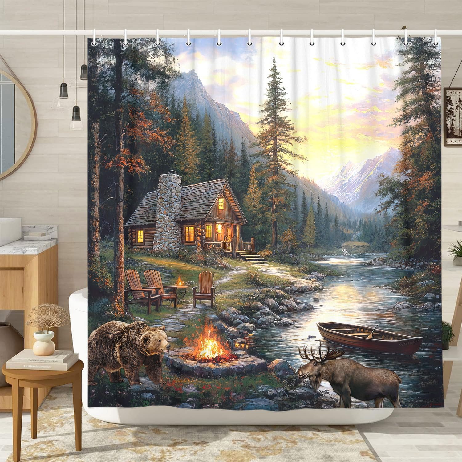 Rideau de douche rustique avec - Hunting And Camping In Forest avis et prix